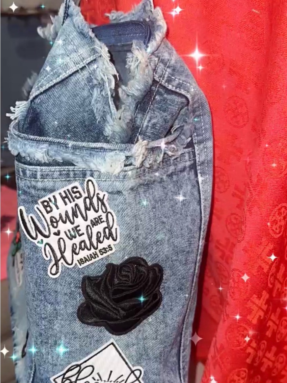 Faith Embroidered Denim Tote Bag - Blue - Picture 4 of 4